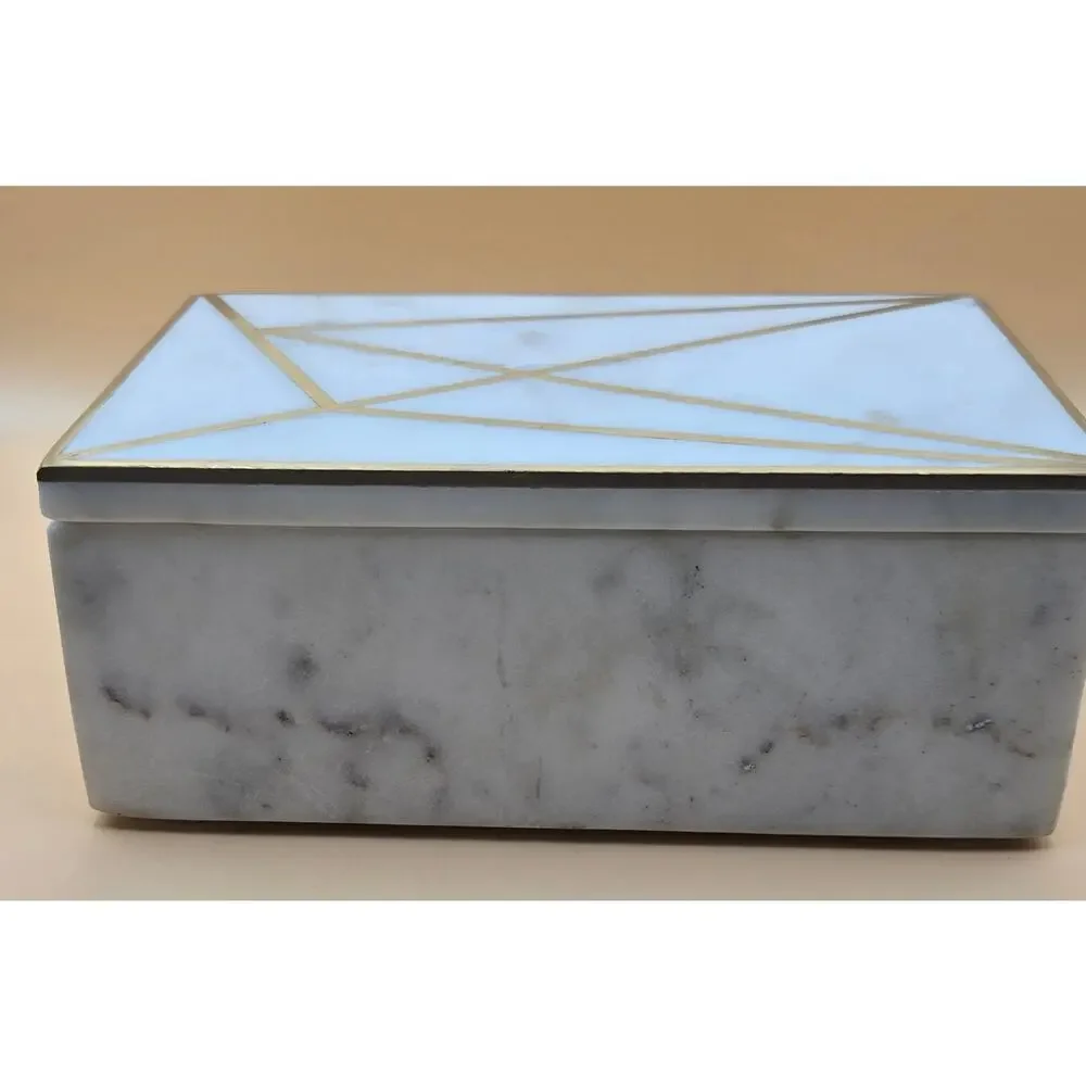 West Elm Brass Inlay Alabaster Marble Rectangular Trinket Box